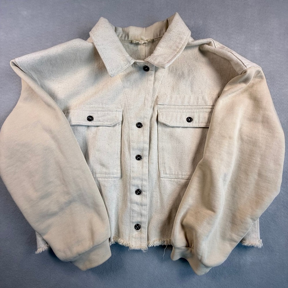 Roolee Cream Cropped Denim Jacket Mixed Media Knit Sleeves Raw Hem Small OI5312